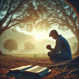 A person kneeling in prayer outdoors at sunrise, with a Bible open nearby, symbolizing seeking God's guidance and spiritual reflection.