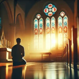 A person sitting in prayer inside a church, bathed in soft light from stained glass windows, reflecting a moment of surrender and seeking spiritual guidance.