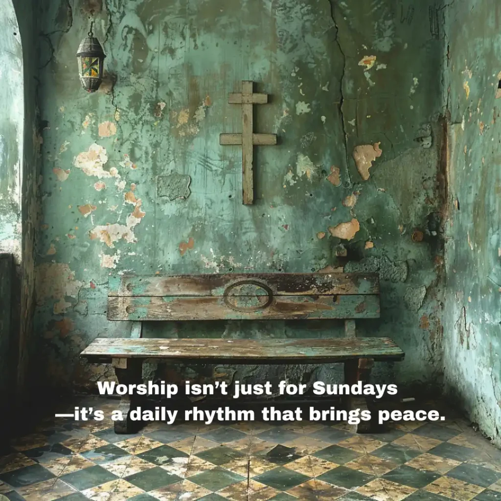 Reminder to worship daily with a peaceful background of a Bible and journal on a table.