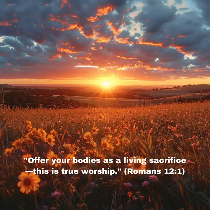 Romans 12:1 quote on offering bodies as a living sacrifice, with sunrise background.