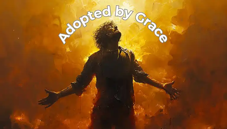 Man standing with arms outstretched, bathed in radiant golden light, symbolizing being 'Adopted by Grace' and embraced by God's love.