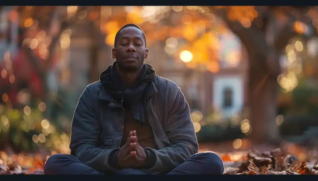 Christian man practicing mindfulness in morning prayer outdoors