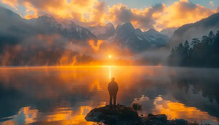 Silhouette of a man standing on a lakeshore at sunrise, symbolizing strength and purpose in Christ.