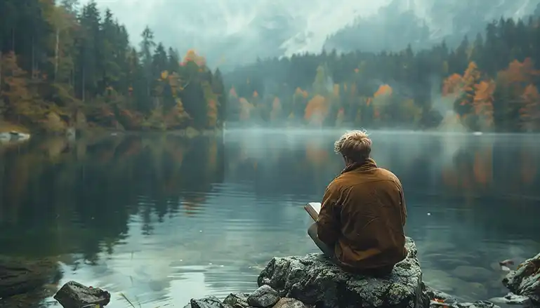 Man reading the Bible by a peaceful lake, reflecting on his Worth in Christ