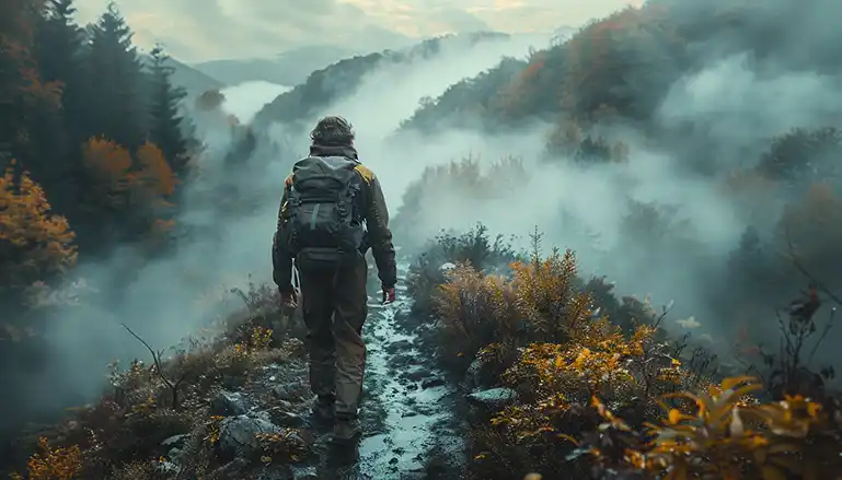 Man walking confidently through a forest path, symbolizing freedom in Christ.