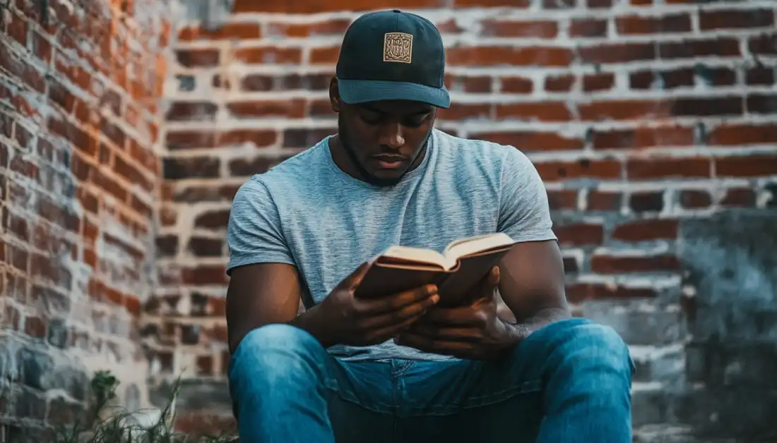 A man sitting in quiet reflection with a journal and Bible, acknowledging his struggles and seeking God’s guidance