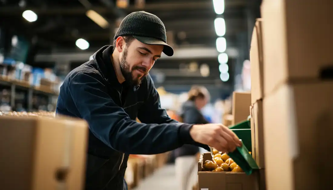 Serving Others: "A man volunteering at a food bank, living out his faith through service.