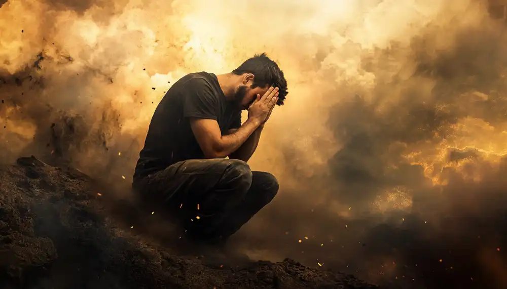 Man praying outdoors, seeking strength and boldness in faith