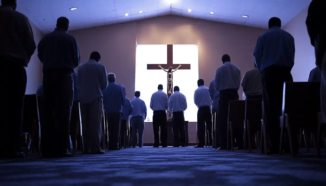 Men gathered in prayer, demonstrating community and accountability in faith-building