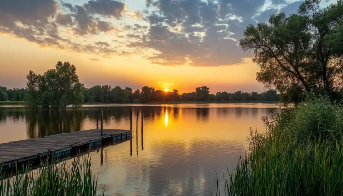 Serene lake at sunrise, illustrating rest and peace found in God's presence.