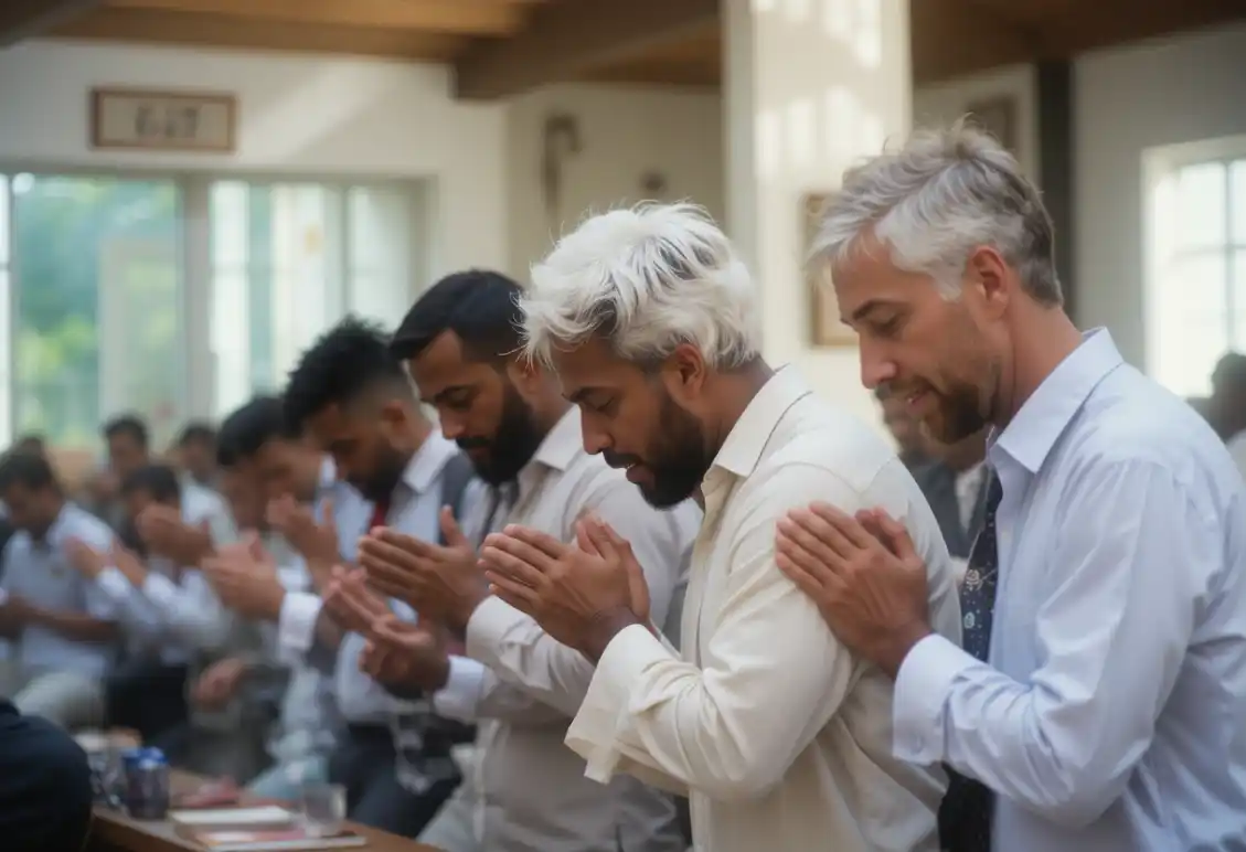 Christian men gathering in prayer, building a strong faith-based community.