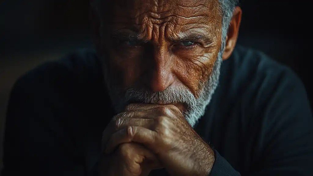 Christian man deep in thought, contemplating life's obstacles and seeking clarity through faith.