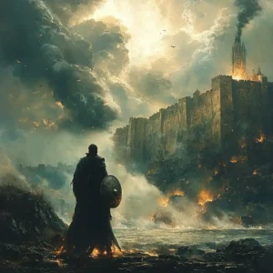 A warrior raising a glowing shield against spiritual darkness with a fortress behind him.