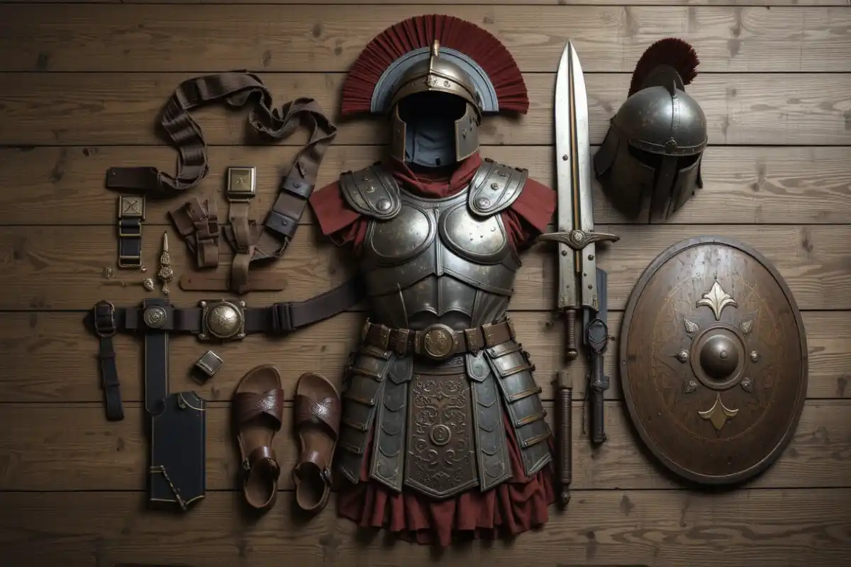 The Armor of God laid out realistically, including a belt, breastplate, sandals, shield, helmet, and sword, illustrating Ephesians 6:10-18.