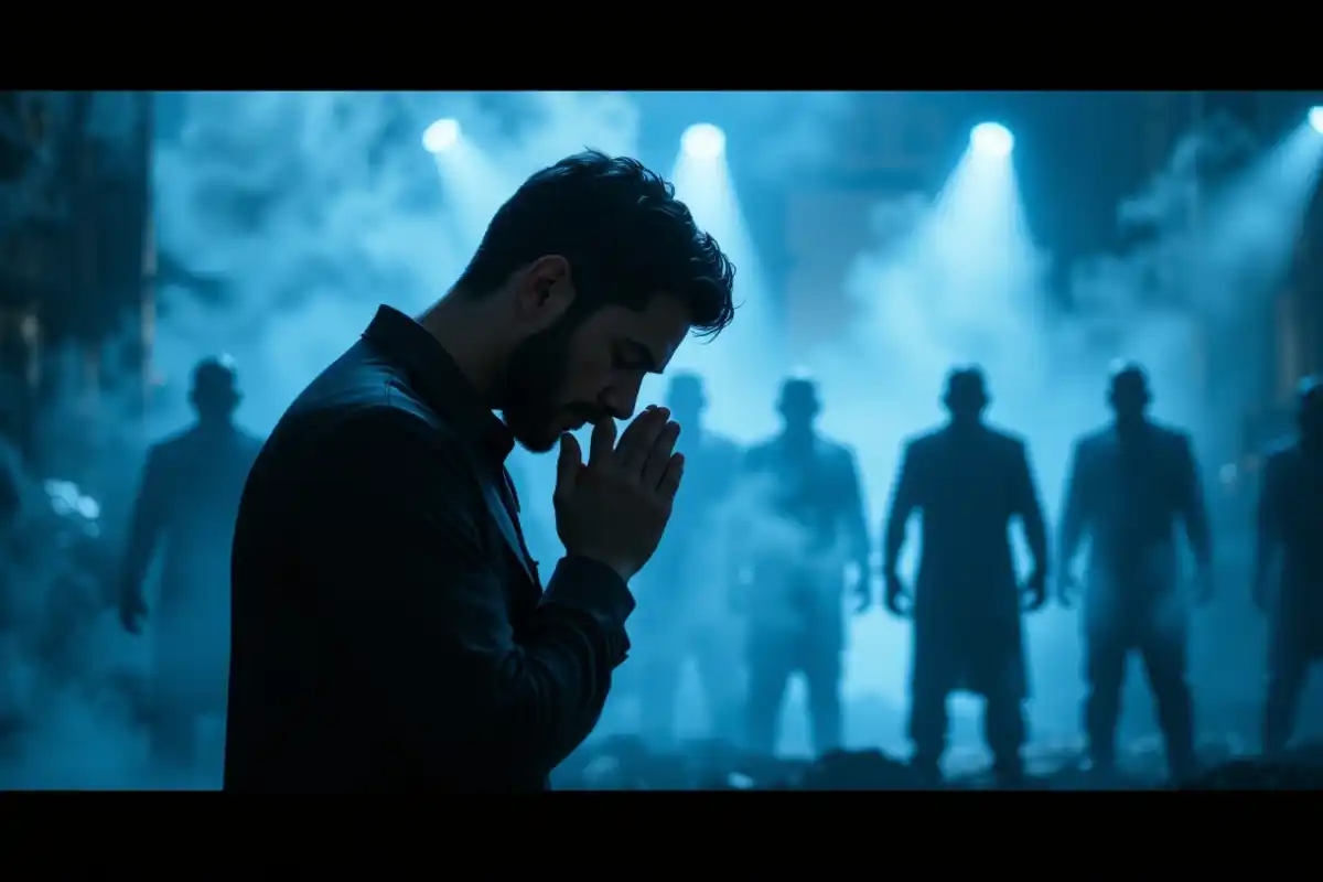 Christian believer kneeling in deep prayer at home, illuminated by sunlight, symbolizing the power of prayer in spiritual warfare.