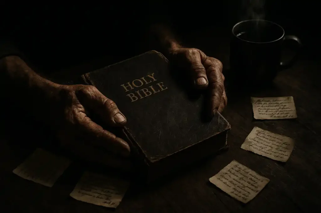 Close-up of hands praying over a worn Bible