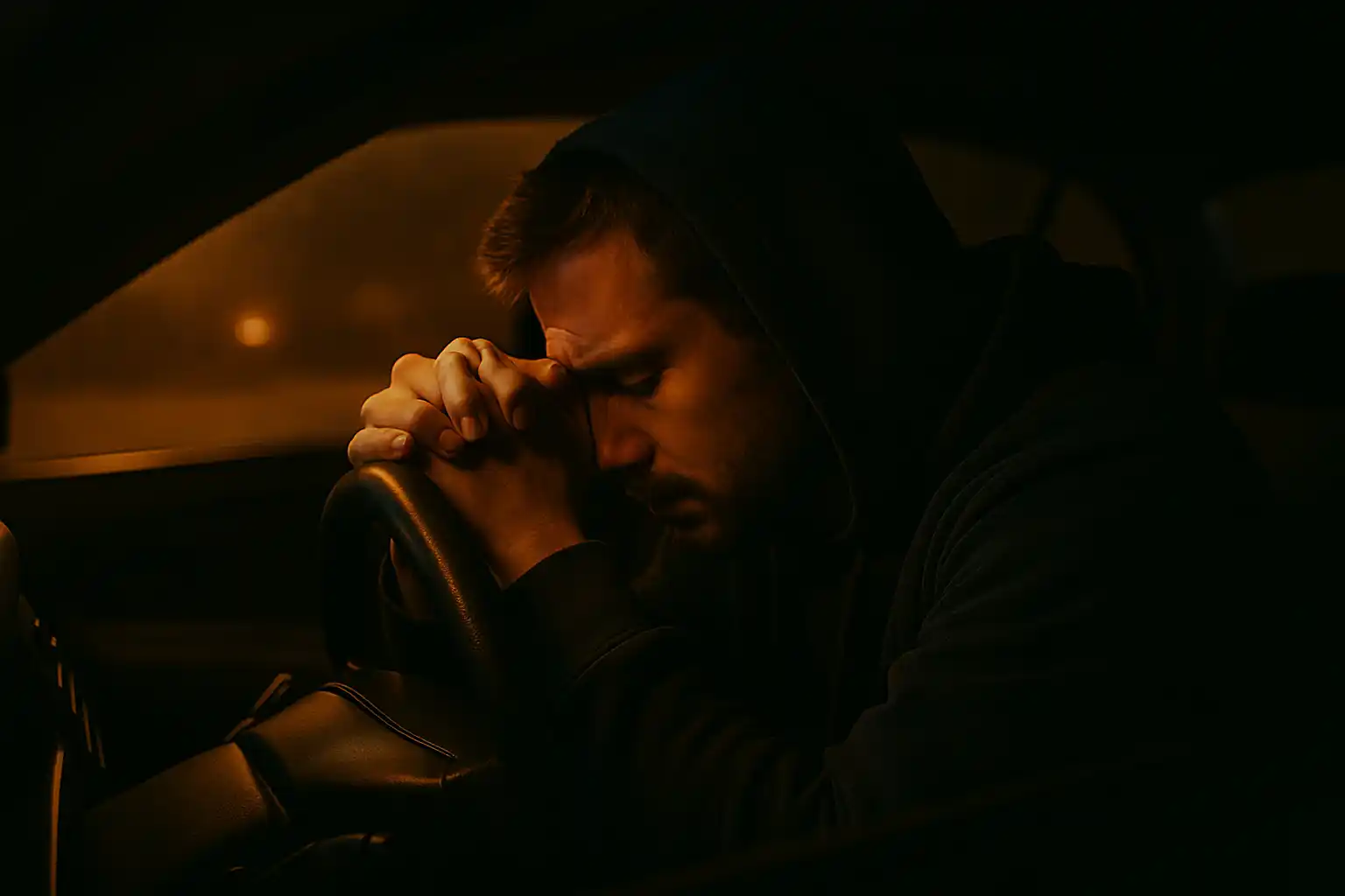 Man sitting in a car at night praying with head on hands, symbolizing exhaustion, spiritual struggle, and emotional isolation