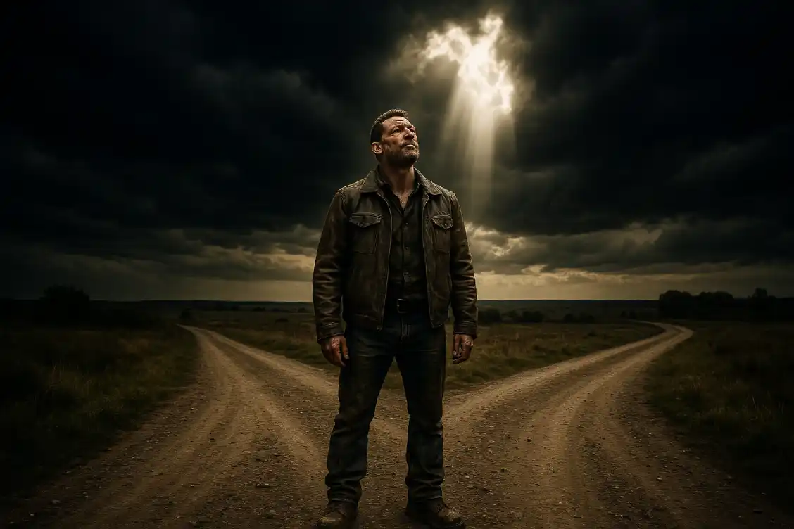 Christian man standing alone on rugged path, looking toward distant mountains under cloudy sky, symbolizing trusting God’s faithfulness in uncertainty.