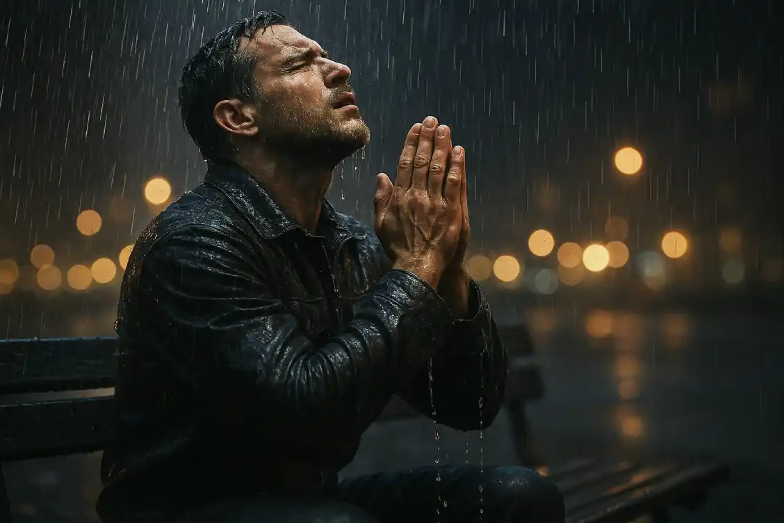 A man sits alone on a bench in heavy rain, eyes closed, hands clasped in prayer, showing raw trust in God during life’s storms and uncertainty.
