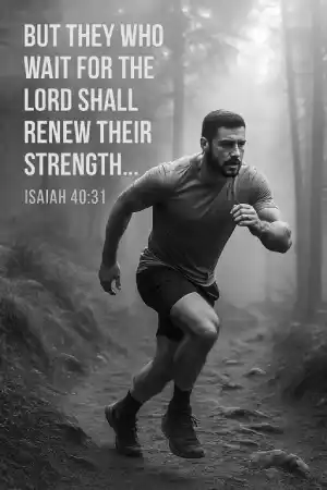 Grayscale image of a determined man running uphill with the scripture Isaiah 40:31 overlayed in bold white text.
