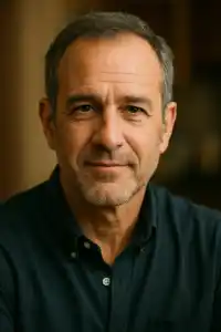 A middle-aged man in his 40s with short dark hair and a warm smile, wearing a collared shirt. He is seated indoors with soft lighting and a bookshelf in the background, conveying a calm and approachable demeanor.