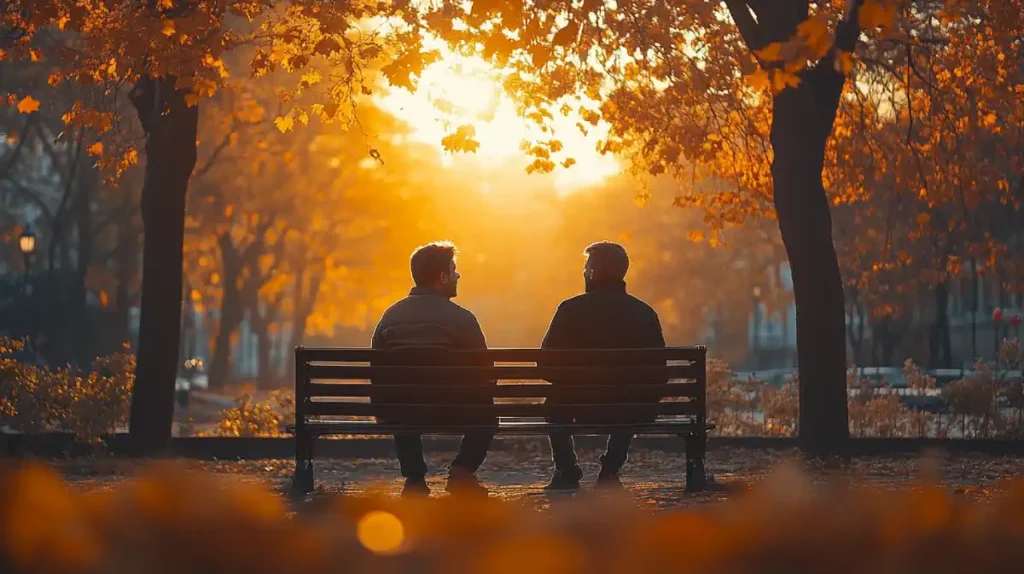 wo men in their 30s sharing an honest conversation on a park bench, one listening as the other speaks, symbolizing support and brotherhood in faith.