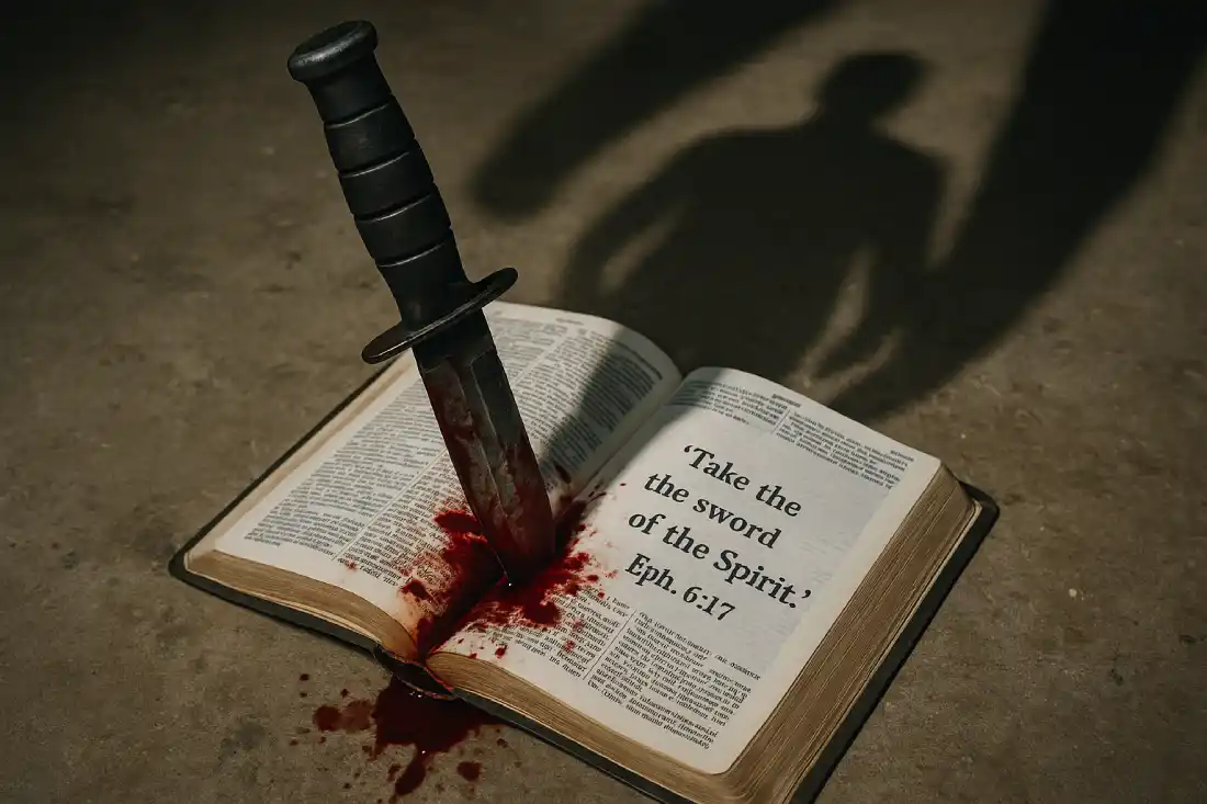 Blood-smeared combat knife stabbed into an open Bible on concrete, with Ephesians 6:17 visible. Captures the raw power of Scripture in spiritual warfare.