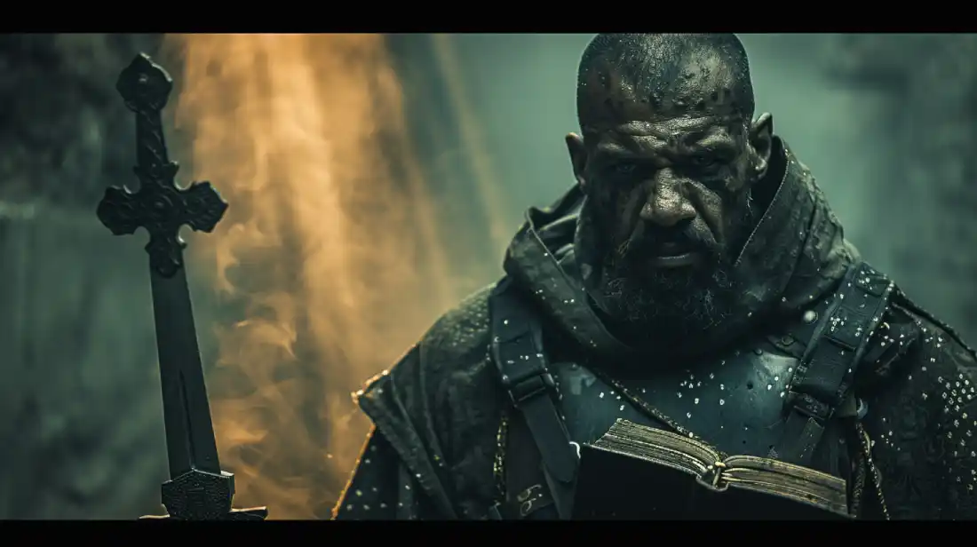 Christian man in modern tactical armor standing in a foggy urban alley, holding a Bible like a sword, symbolizing the Armor of God as spiritual defence against temptation.