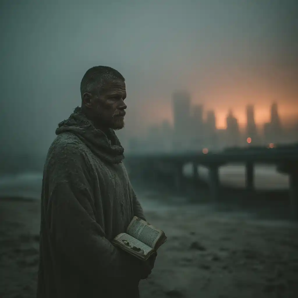 Man standing at the edge of a broken highway in a foggy city, gripping a Bible at dawn. Light breaks through the mist, symbolizing the clarity found in God’s Word.