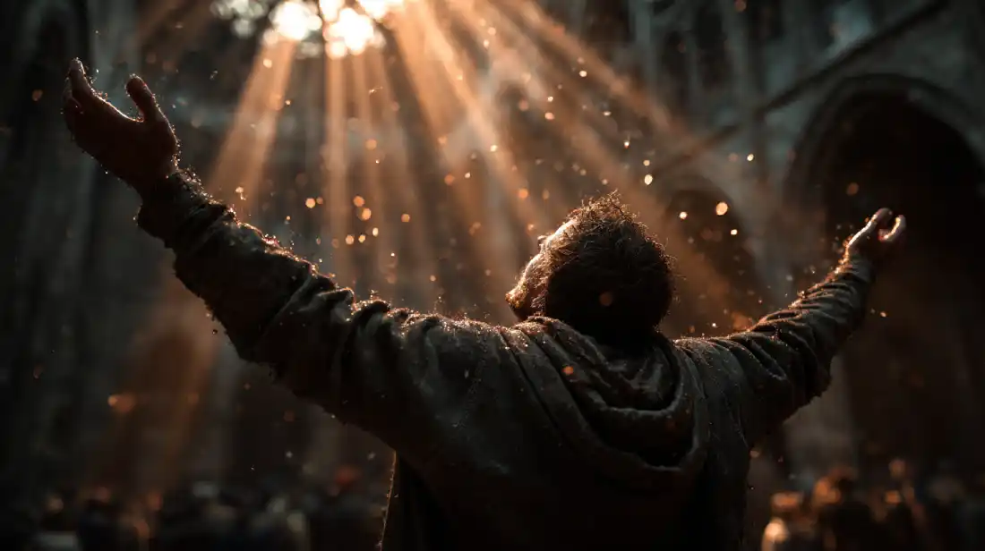 Man worshipping as an act of spiritual warfare, receiving strength from above