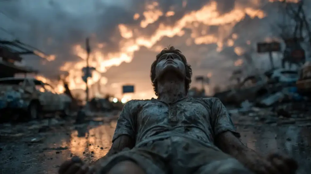 Man lying in the rain on broken pavement, Bible pages on his chest. Light breaks through storm clouds above—signifying surrendered peace through God’s truth.