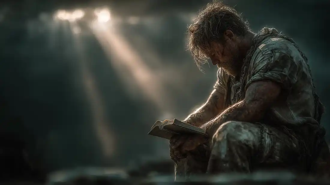 Christian man kneeling in prayer, facing spiritual warfare with strength and resolve