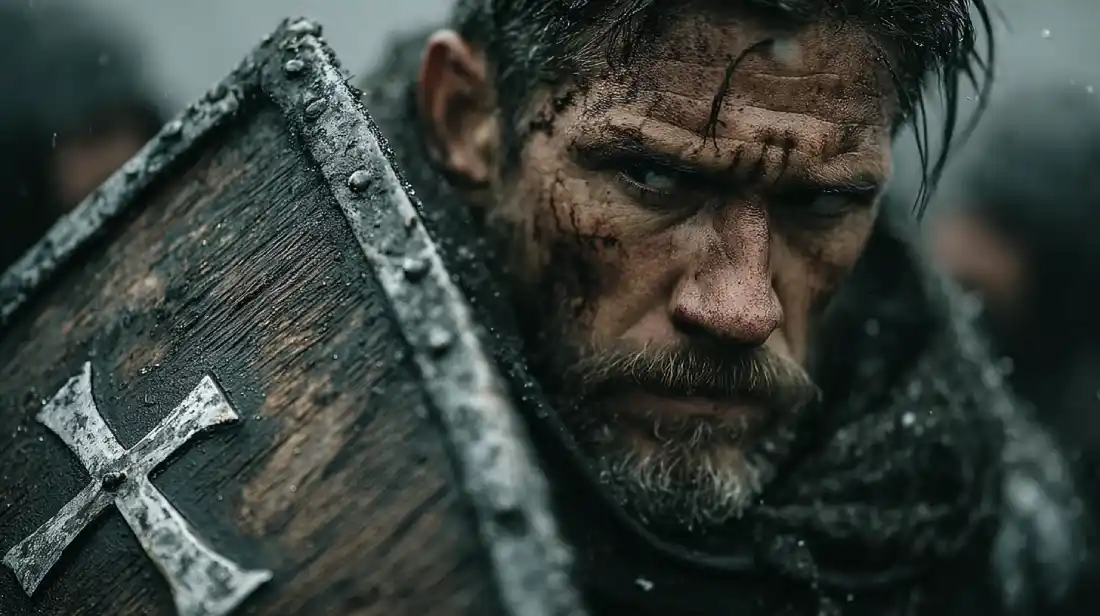 A Christian man standing firm in faith during spiritual attacks, holding a shield on a foggy battlefield