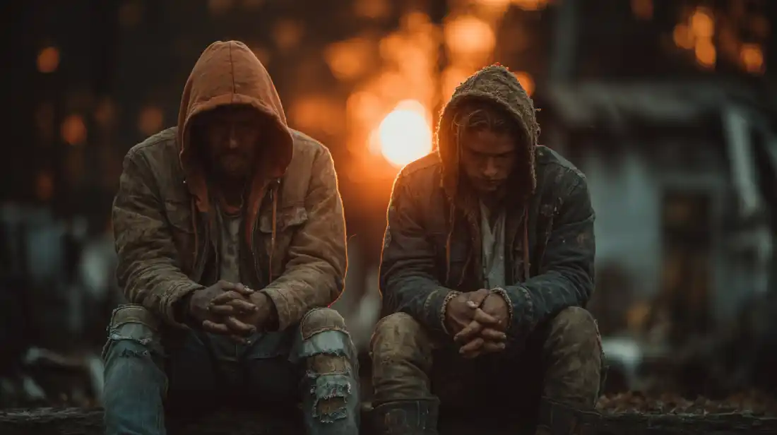 Two Christian men praying together outdoors, standing firm in faith against spiritual warfare