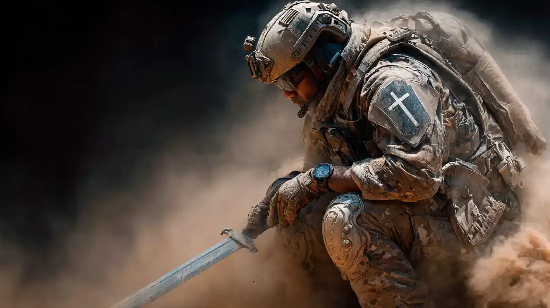 A warrior wearing symbolic armor of God, prepared to stand strong in faith through spiritual attacks