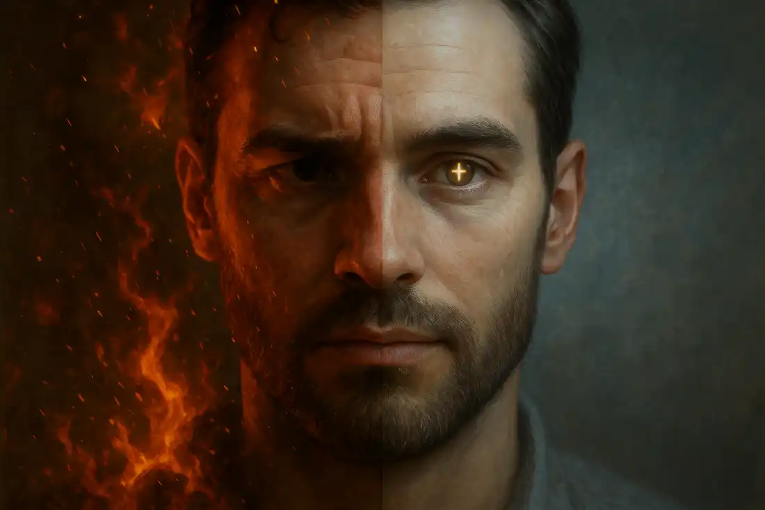 Person’s face divided between spiritual peace and internal temptation, symbolizing a mental and spiritual struggle