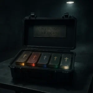 Open tactical case revealing glowing prayer books arranged like spiritual weapons in a war room setting