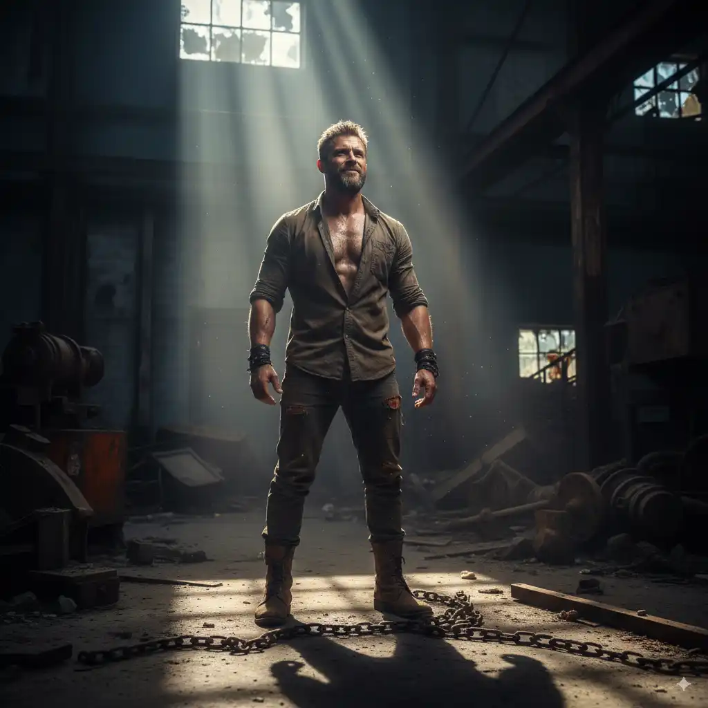 Christian man standing over broken chains with light breaking through darkness, symbolizing breaking free from strongholds in life