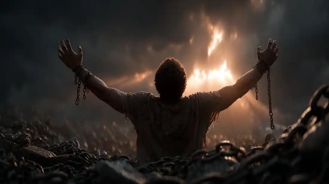A Christian man standing on a battlefield of broken chains and shattered weapons, raising his hands to the sky in victory, symbolizing forgiveness as spiritual warfare and triumph over the enemy.