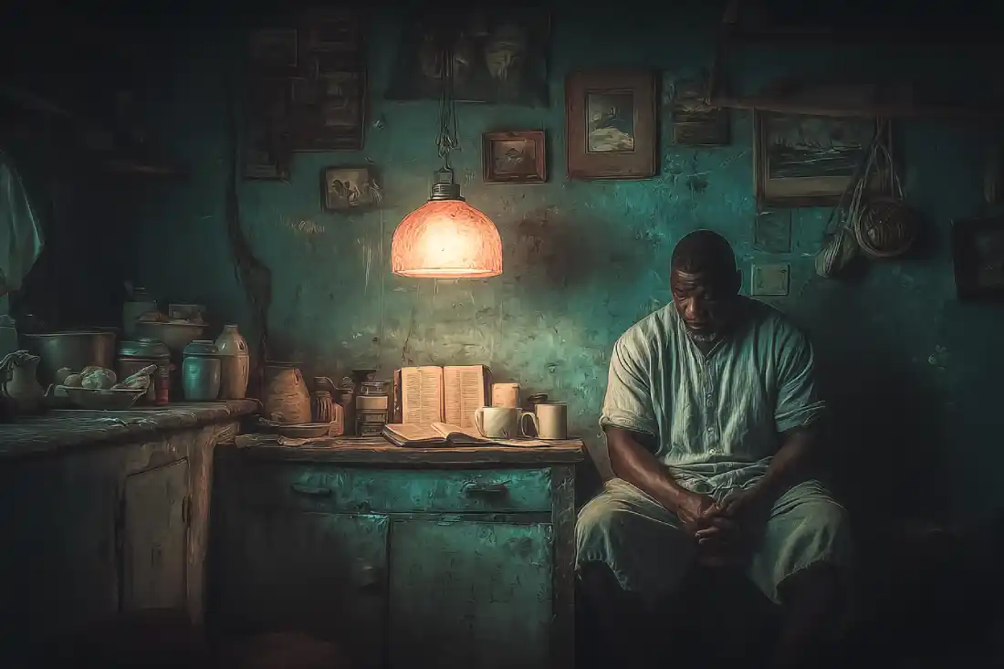 Man sitting at a kitchen table at night with a Bible open, single lamp glowing, gritty and realistic scene showing peace in everyday struggles.