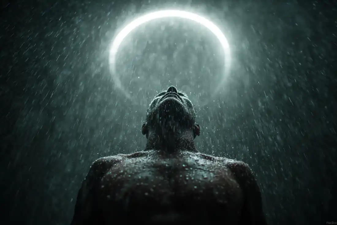 Man standing calm in the middle of a heavy storm, rain pouring around him, circle of light surrounding him, representing God’s promises of protection in chaos.