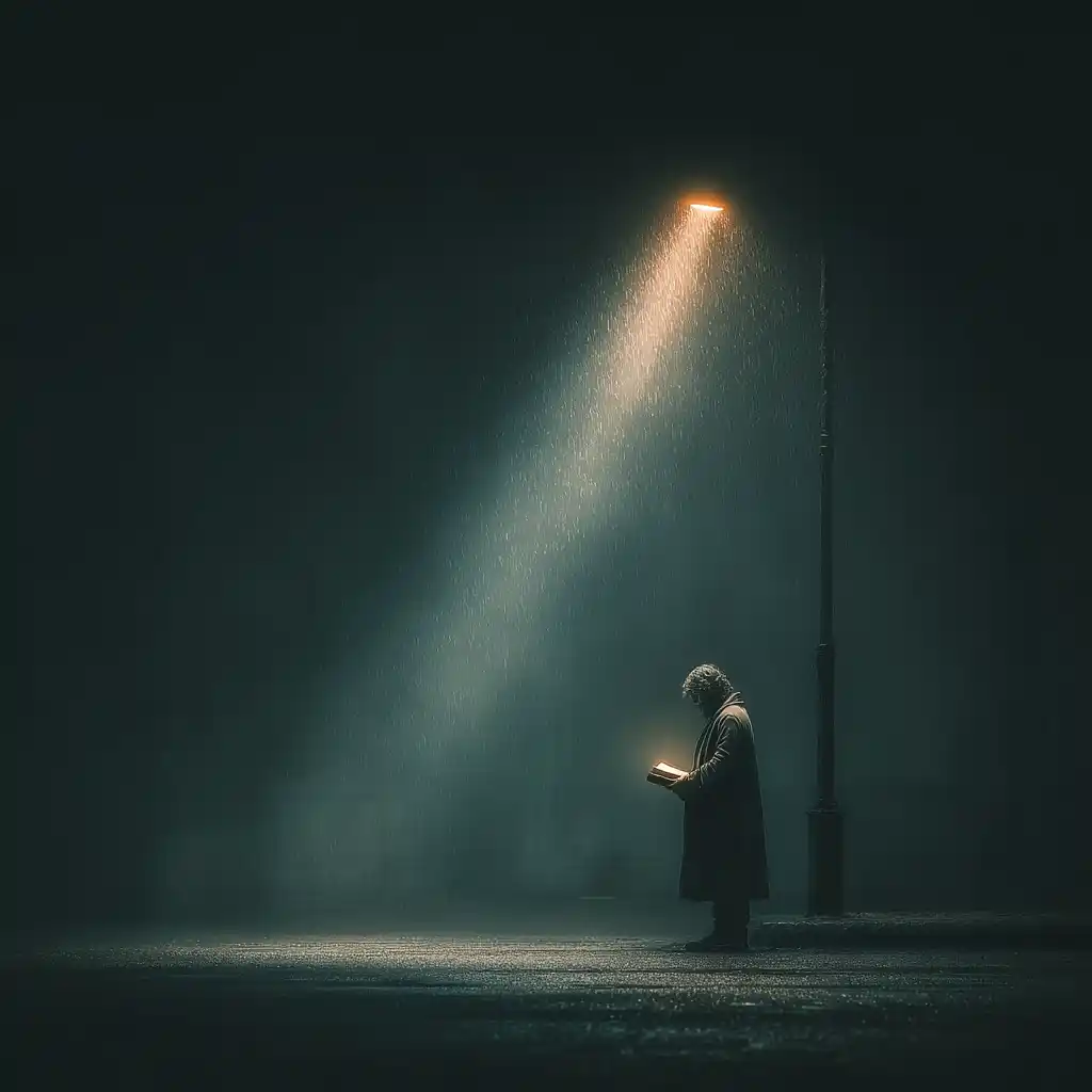 Rugged man in a long dark coat under a streetlight on a rainy night, holding a worn Bible, symbolizing God’s peace and protection in the city