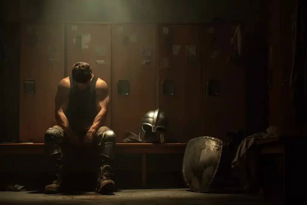 A man preparing for battle by putting on the armor of God in a modern setting.