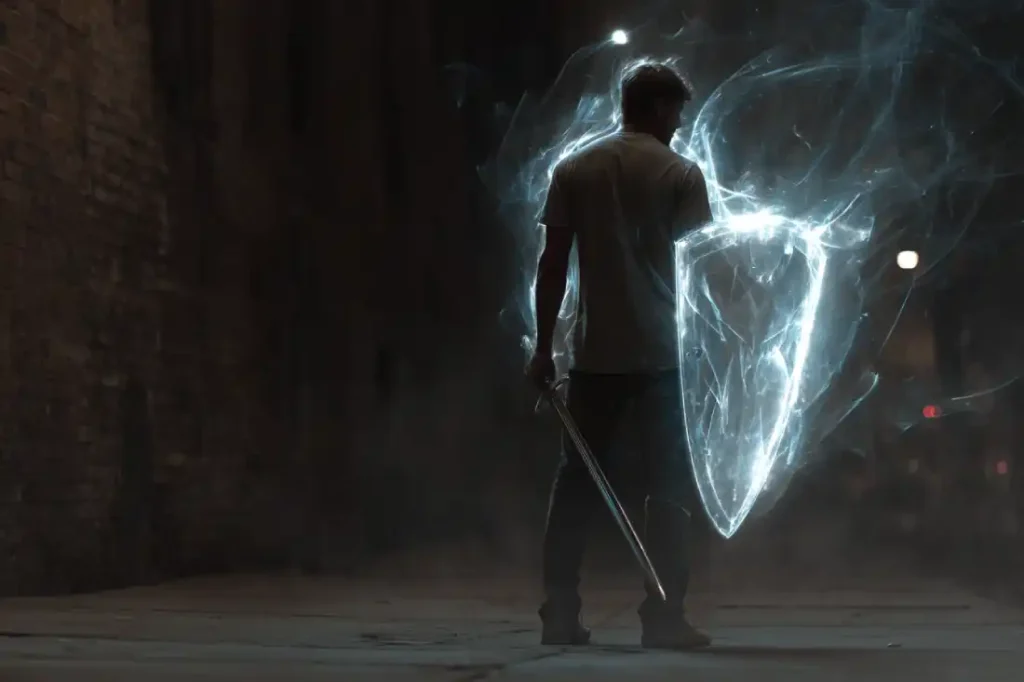 A man standing firm in faith with glowing spiritual armor in a dark world.