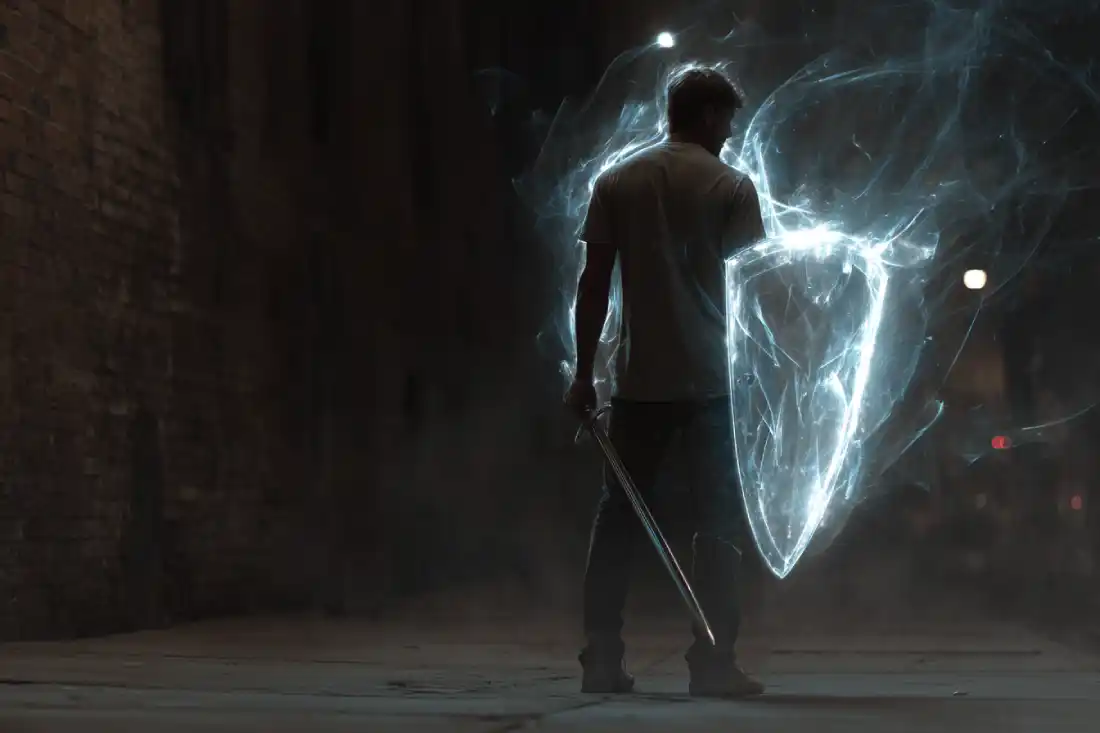 A man standing firm in faith with glowing spiritual armor in a dark world.