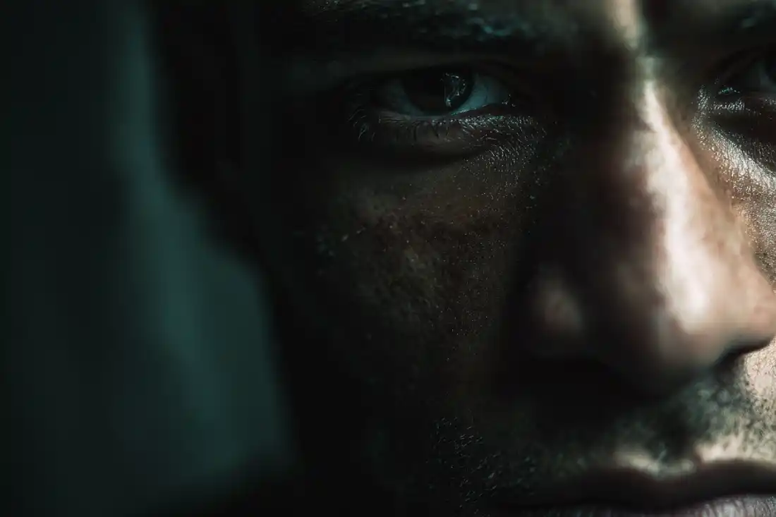 A man’s face divided by light and shadow, representing spiritual warfare.