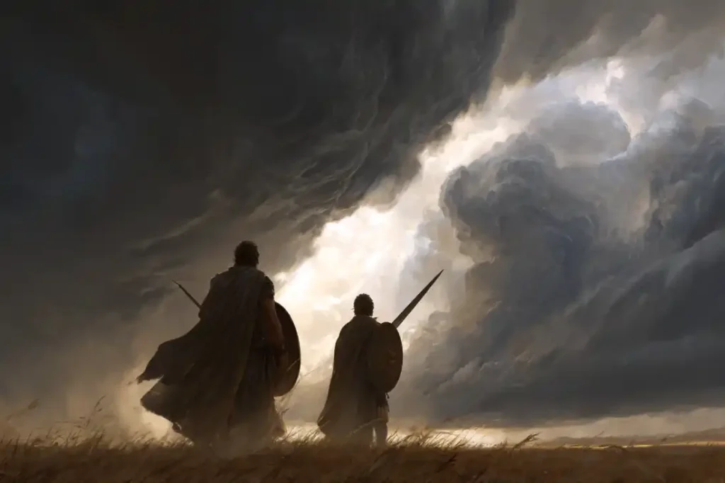 Two men standing strong together in faith during spiritual warfare.