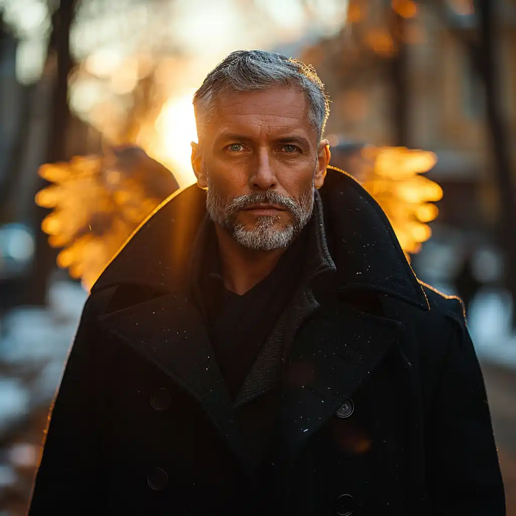 A confident 50-year-old man with silver hair walks down a sunlit city street wearing a black wool trench coat, while a faint angelic figure with soft radiant wings follows behind him, symbolizing divine guidance and strength.