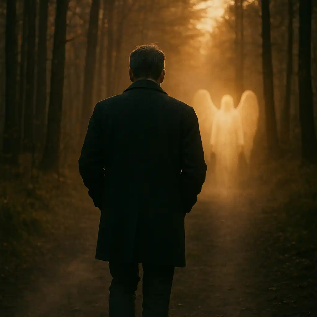 Man walking through misty forest at sunrise with faint angelic light behind him, representing a faithful daily walk with God.