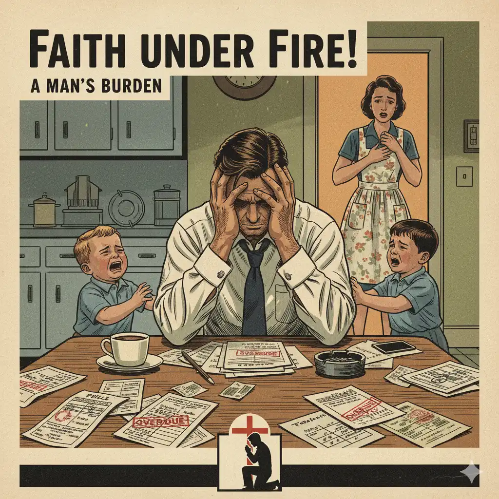 1950s retro-style illustration of a frustrated man surrounded by bills and crying children, symbolizing stress and the struggle to stay faithful during hard times.